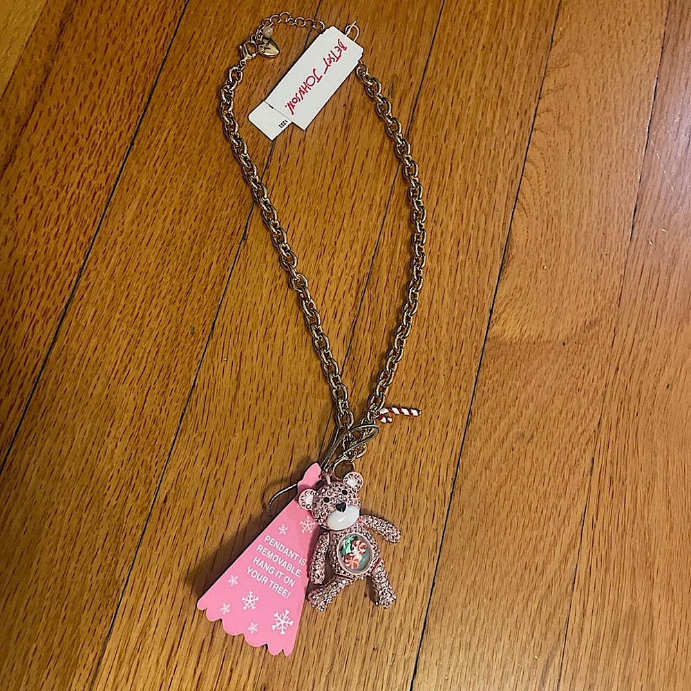 NEW Betsey Johnson Rhinestone Christmas Pink Bear Necklace Doubles as Ornament